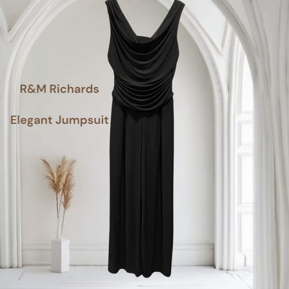 R&M Richards Black Elegant Jumpsuit with Ruched Sides Size 6 - Date Night Party